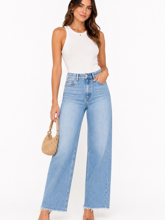 PAIGE Denim - PAIGE Anessa Wide Leg Jeans Light Wash Raw Hem High Rise Size 28